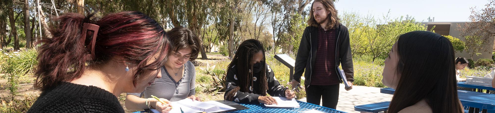 A group of students sitting outside and doing work with an instructor